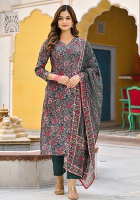 Green Floral Print Rayon Kurta Set