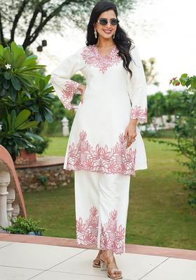 White Floral Print Silk Co-Ord Set