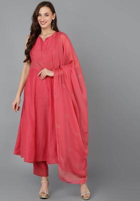 Pink Solid Silk Anarkali Set