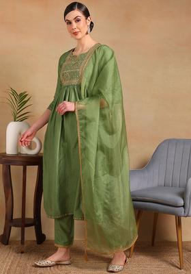 Green Embroidery Blended Kurta Set