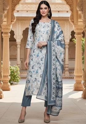 White Floral Print Chanderi Kurta Set