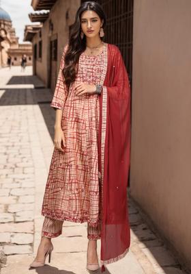 Red Abstract Print Silk Anarkali Set
