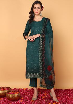 Green Embroidery Organza Kurta Set
