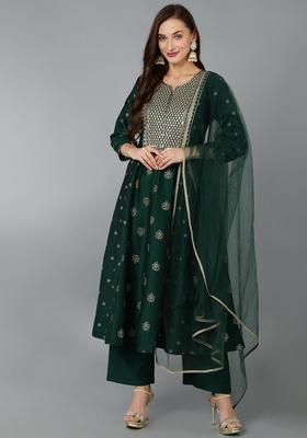 Green Embroidery Silk Kurta Set