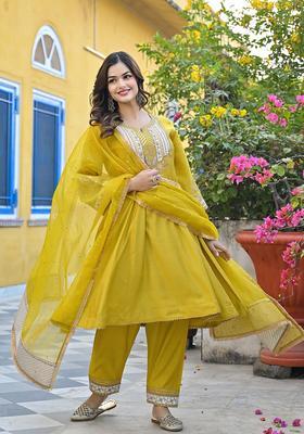 Yellow Embroidery Silk Kurta Set