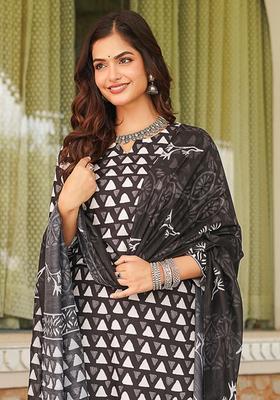 Black Printed Rayon Kurta Set