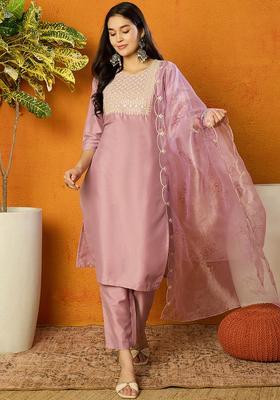 Lavender Embroidery Silk Kurta Set
