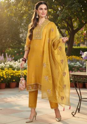 Mustard Embroidery Silk Kurta Set