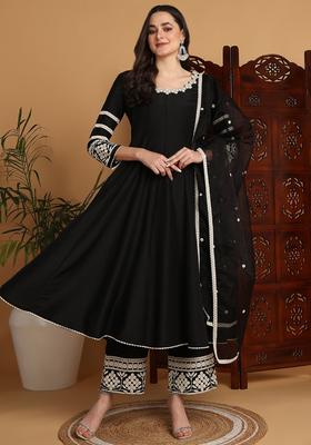 Black Embroidery Silk Kurta Set