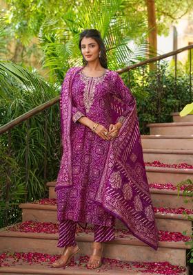 Purple Floral Print Silk Kurta Set