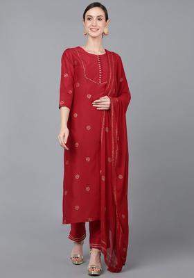 Red Floral Print Silk Kurta Set
