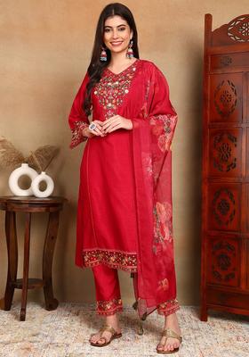 Pink Floral Print Blended Kurta Set