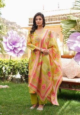 Green Floral Print Viscose Kurta Set