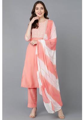 Peach Embroidery Silk Kurta Set