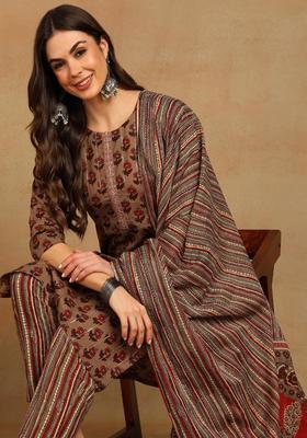 Brown Floral Print Cotton Kurta Set