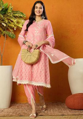 Pink Embroidery Organza Kurta Dhoti Set