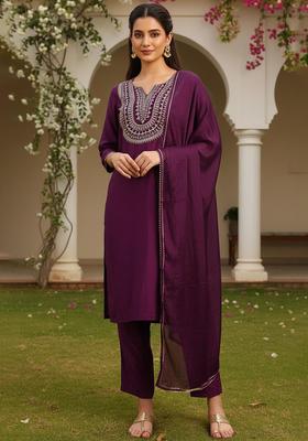 Deep Wine Embroidery Silk Kurta Set