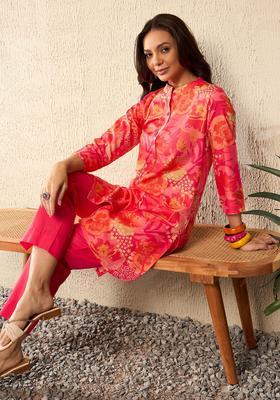 Pink Printed Cotton Kurta Set