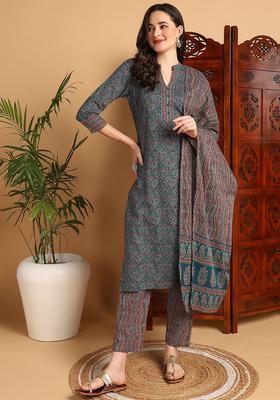 Teal Printed Rayon Kurta Set