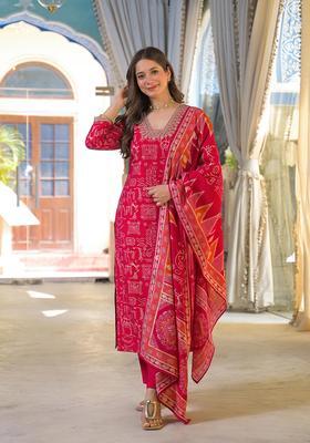 Red Printed Viscose Kurta Set