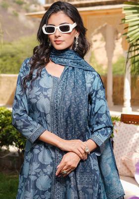 Blue Floral Print Rayon Kurta Set