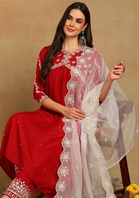 Red Embroidery Silk Kurta Set