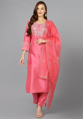 Pink Embroidery Silk Kurta Set