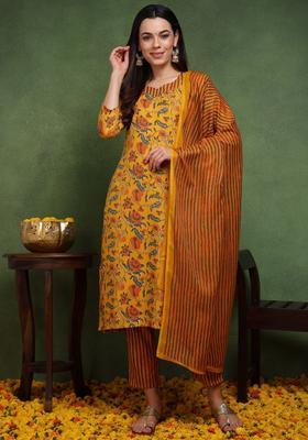 Yellow Floral Print Rayon Kurta Set