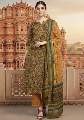 Green Floral Print Cotton Kurta Set