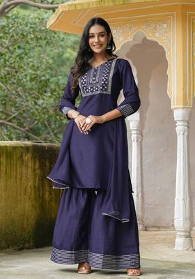 Navy Blue Embroidery Silk Sharara Set