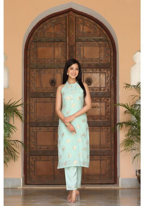Green Printed Chanderi Kurta Set — view on Indya