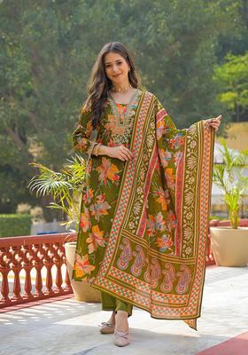 Green Floral Print Viscose Kurta Set