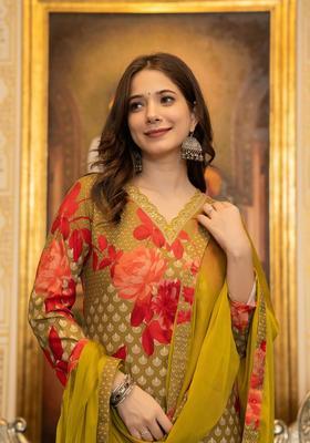 Green Floral Print Blended Salwar Suit Set