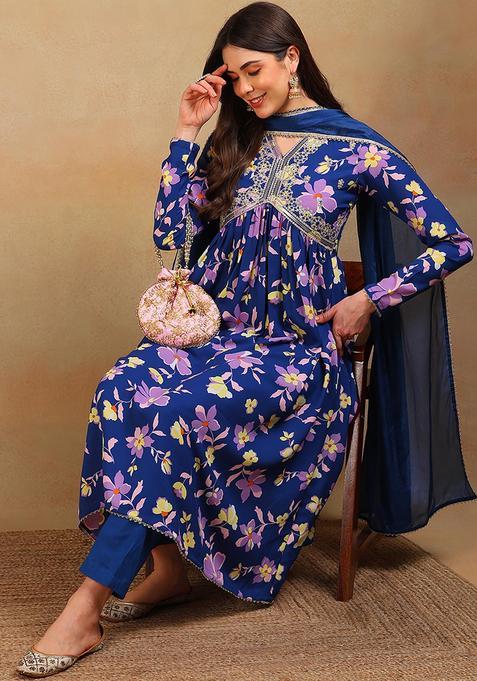 Blue Printed Georgette Kurta Set — view on Indya
