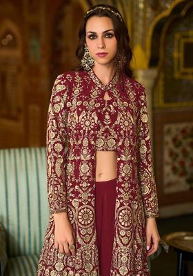 Maroon Embroidery Georgette Jacket Set