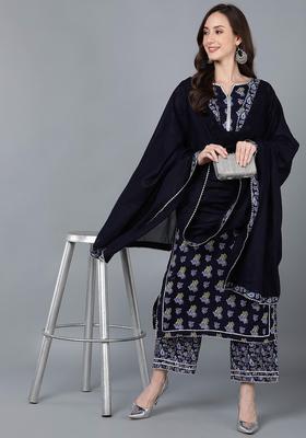 Navy Blue Floral Print Cotton Palazzo Set