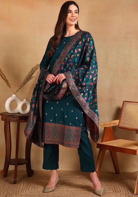 Teal Self Design Chanderi Kurta Set — view on Indya