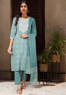 Green Printed Cotton Kurta Set