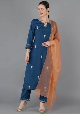 Teal Embroidery Silk Kurta Set