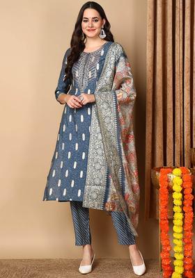 Blue Printed Silk Kurta Set