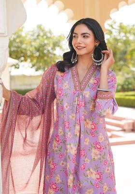 Purple Floral Print Cotton Kurta Set