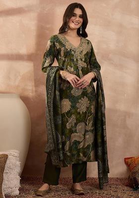 Green Embroidery Polyester Kurta Set