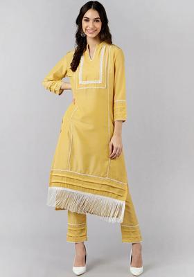 Yellow Solid Silk Blend Kurta Set