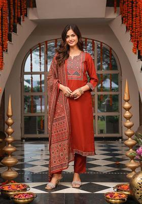 Brown Printed Rayon Kurta Set