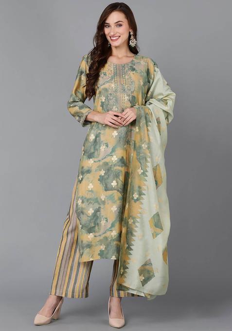 Yellow Abstract Print Silk Palazzo Set — view on Indya