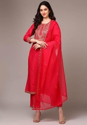 Red Solid Silk Kurta Set