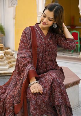 Red Floral Print Rayon Kurta Set