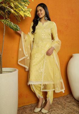 Yellow Embroidery Organza Kurta Dhoti Set