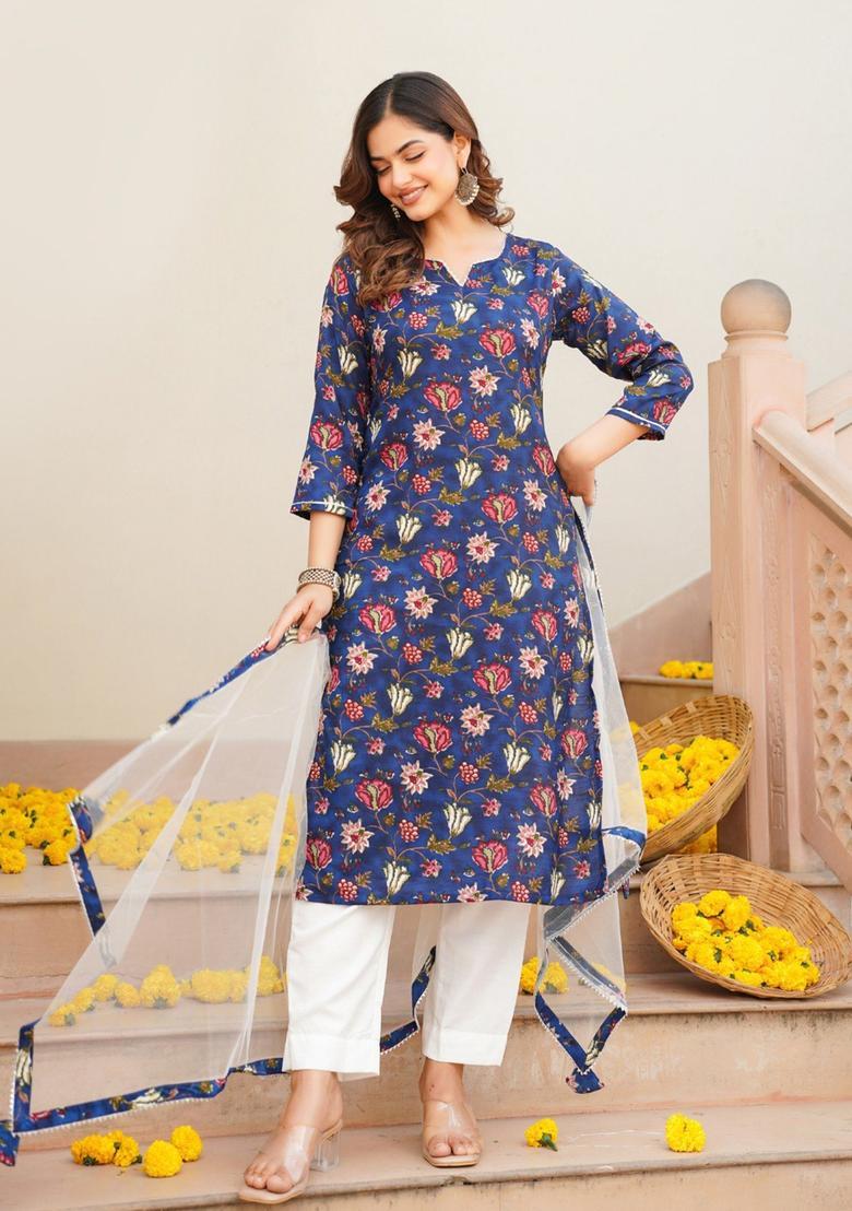 Blue Floral Print Rayon Kurta Set - Indya