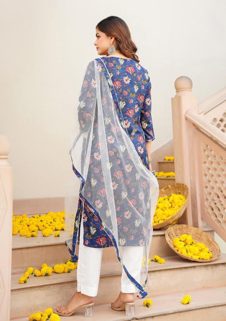 Blue Floral Print Rayon Kurta Set - Indya